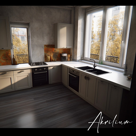 Угловая столешница белого цвета c подоконником из Corian