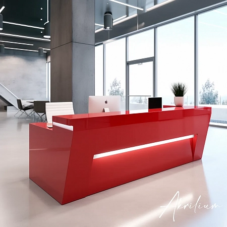 Стойка ресепшн красного цвета с подсветкой из акрилового камня Corian