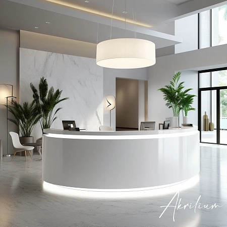Круглый белый ресепшн с подсветкой для салона красоты из акрила Corian