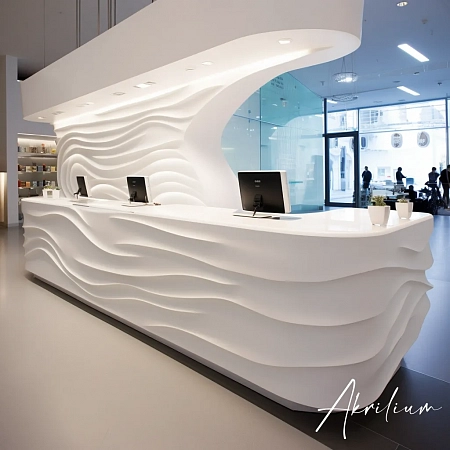 Длинная белая стойка ресепшн для магазина из акрилового камня Corian
