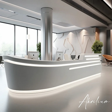 Стойка ресепшн необычной формы с подсветкой для клиники из кварца Silestone